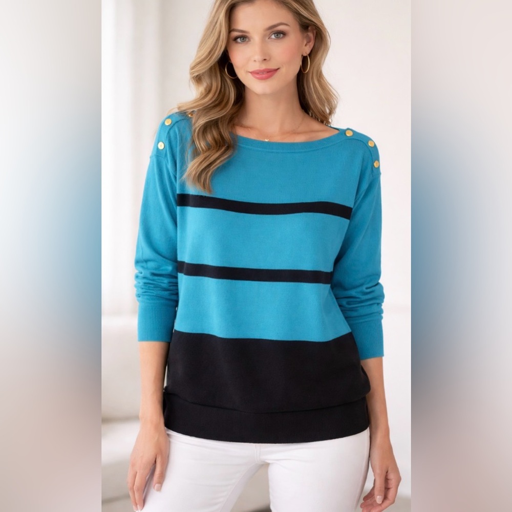 Lauren Ralph Lauren Striped Button-Shoulder Boatneck Sweater - EUC